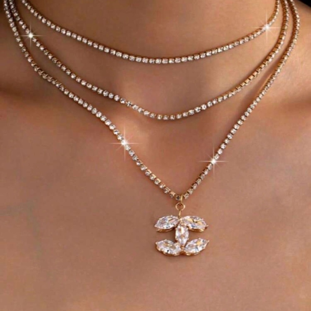 NWT 3pcs Shiny Luxury Crystal Necklace Set, Letter CC Double C Pendant,